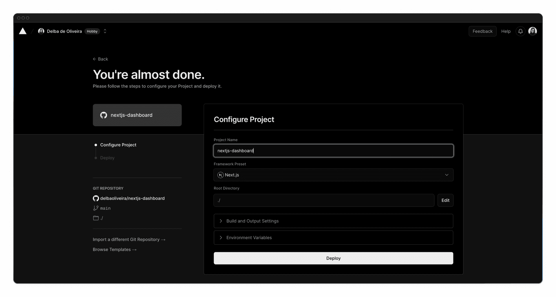 Deployment screen showing the project name field and a deploy button