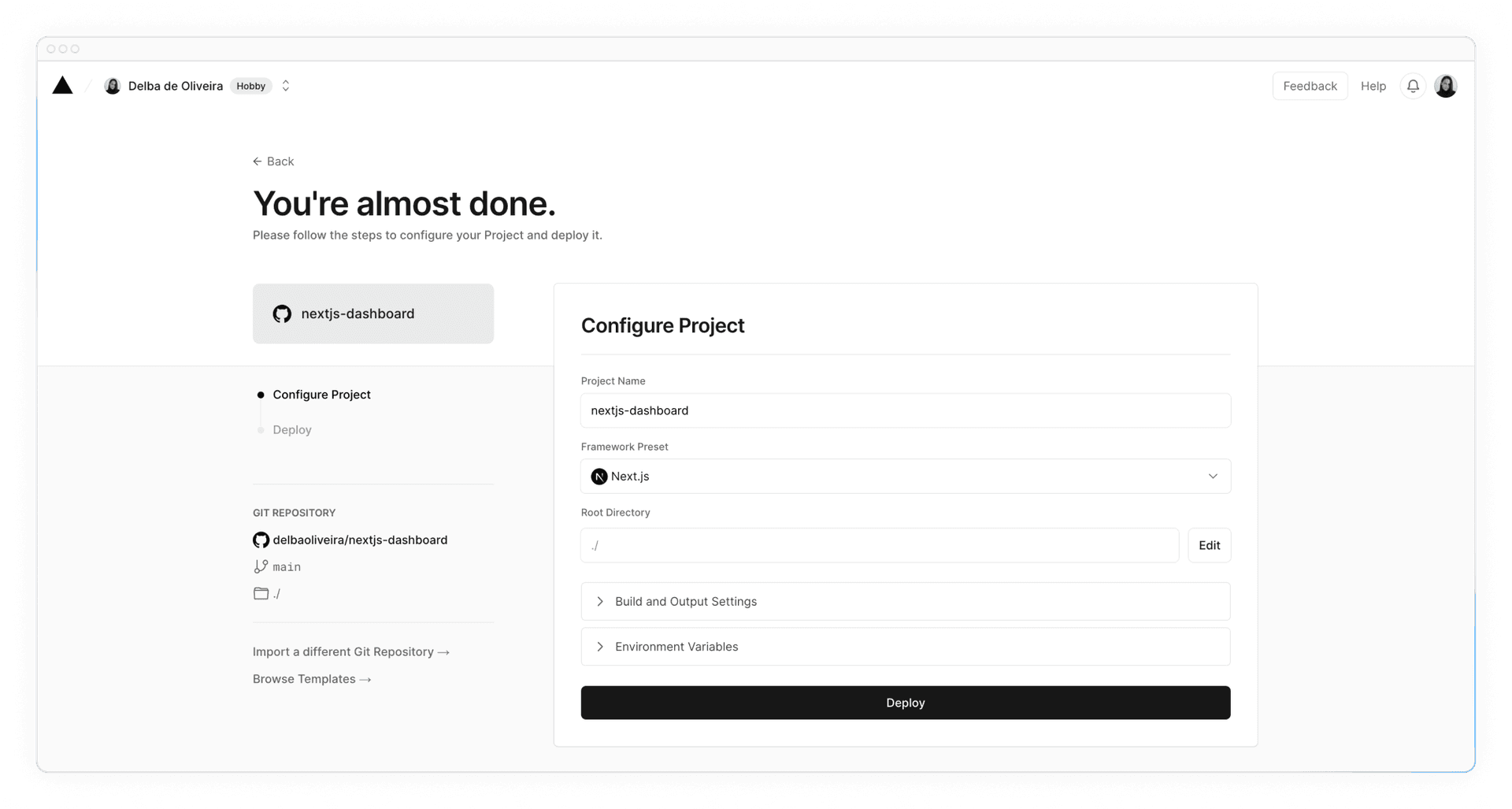 Deployment screen showing the project name field and a deploy button