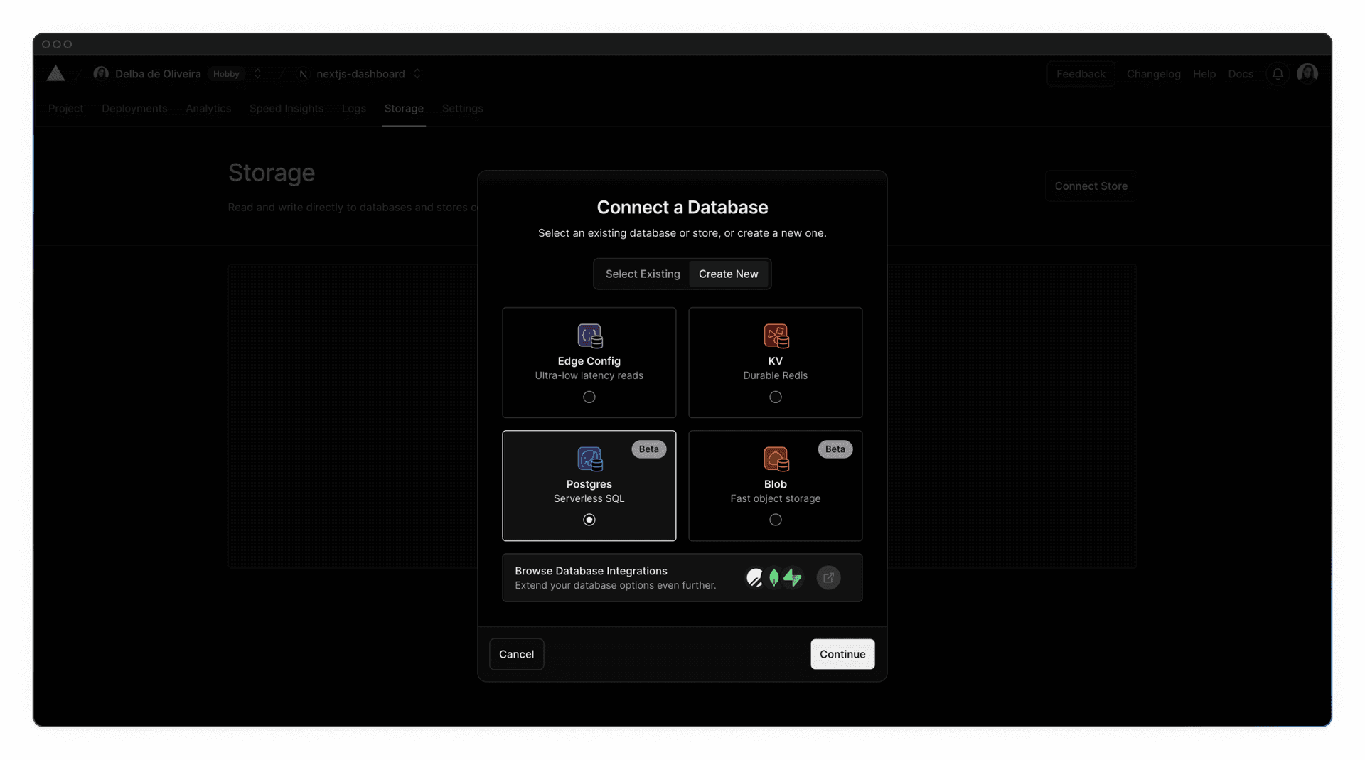 Connect Store screen showing the Postgres option along with KV, Blob and Edge Config