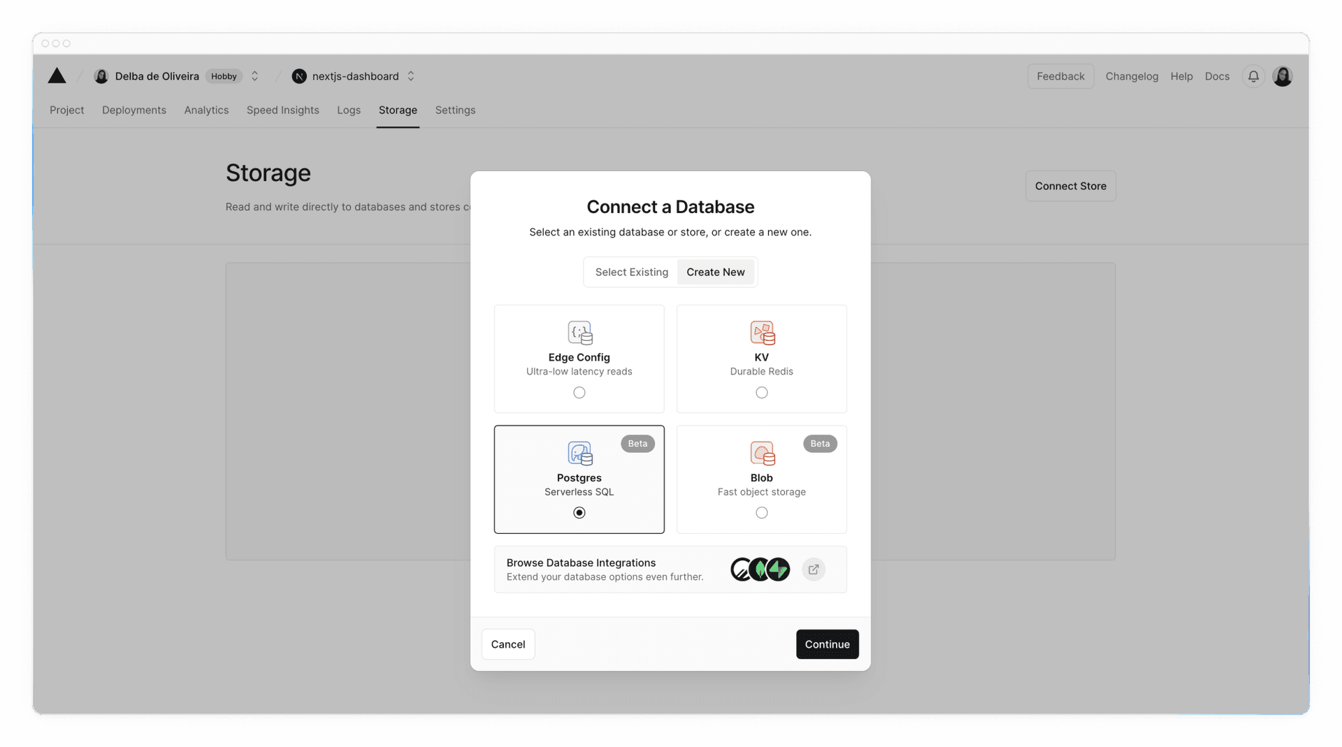 Connect Store screen showing the Postgres option along with KV, Blob and Edge Config