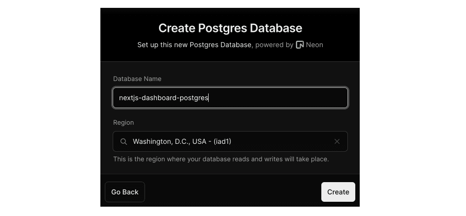 Database creation modal showing the database name and region