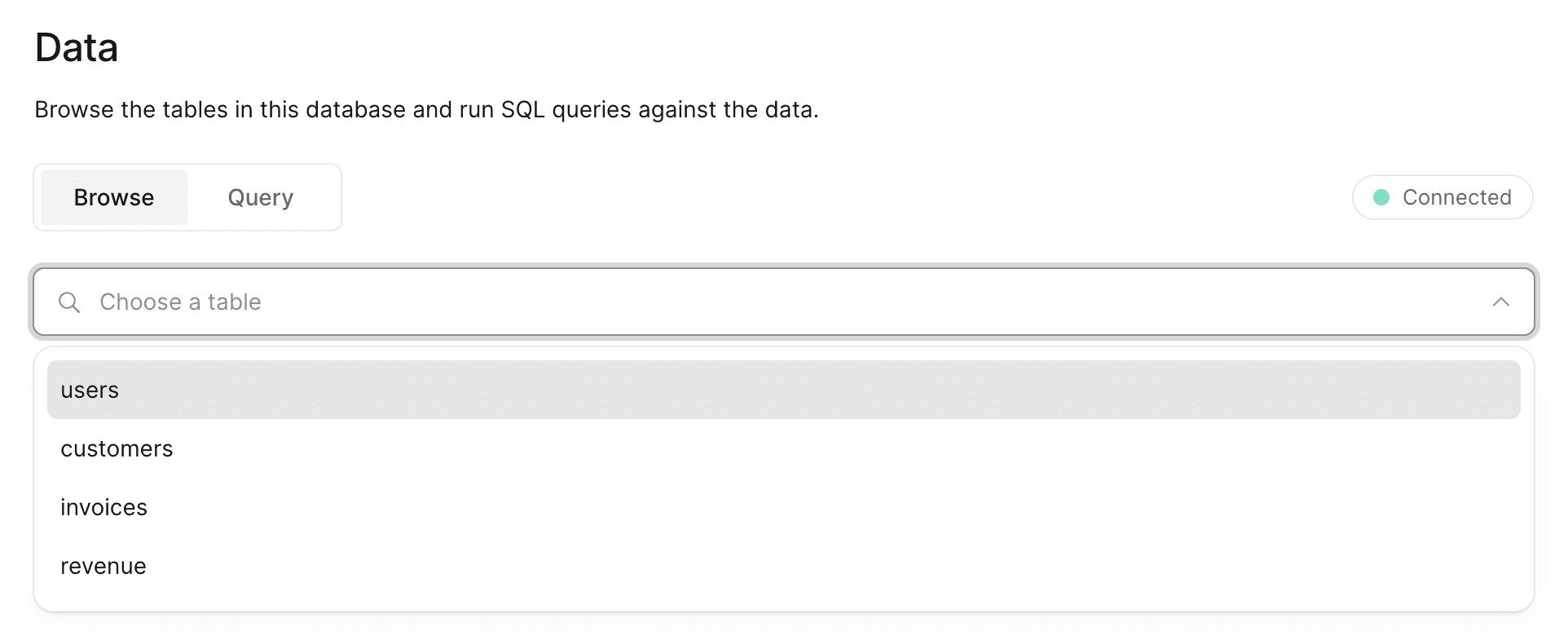 Database screen showing dropdown list with four tables: users, customers, invoices, and revenue