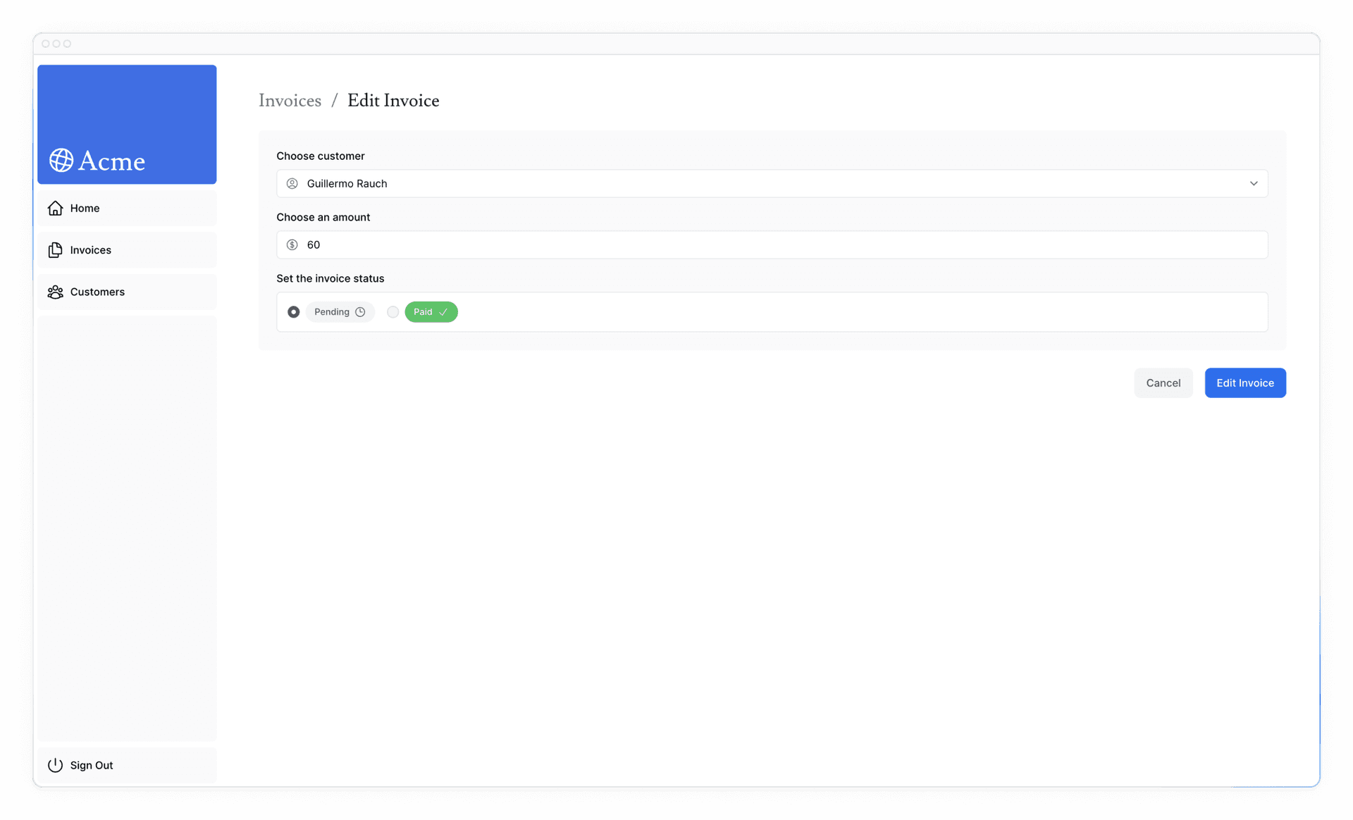 Edit invoices page with breadcrumbs and form