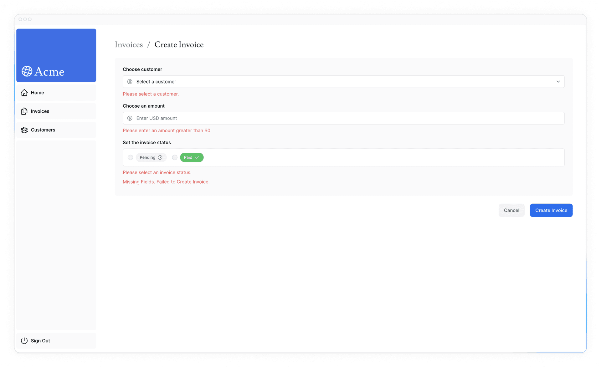 Create invoice form showing error messages for each field.