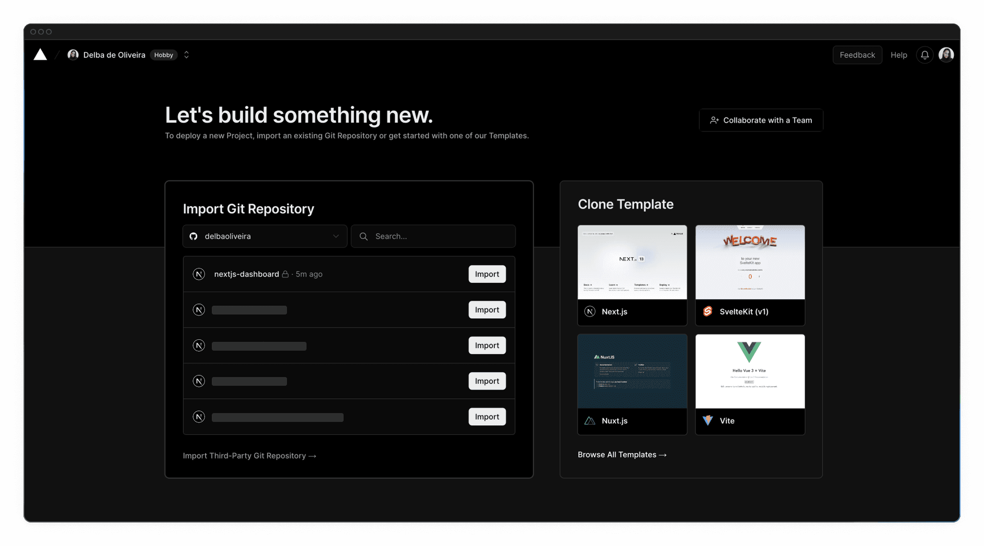 Screenshot of Vercel Dashboard, showing the import project screen with a list of the user's GitHub Repositories