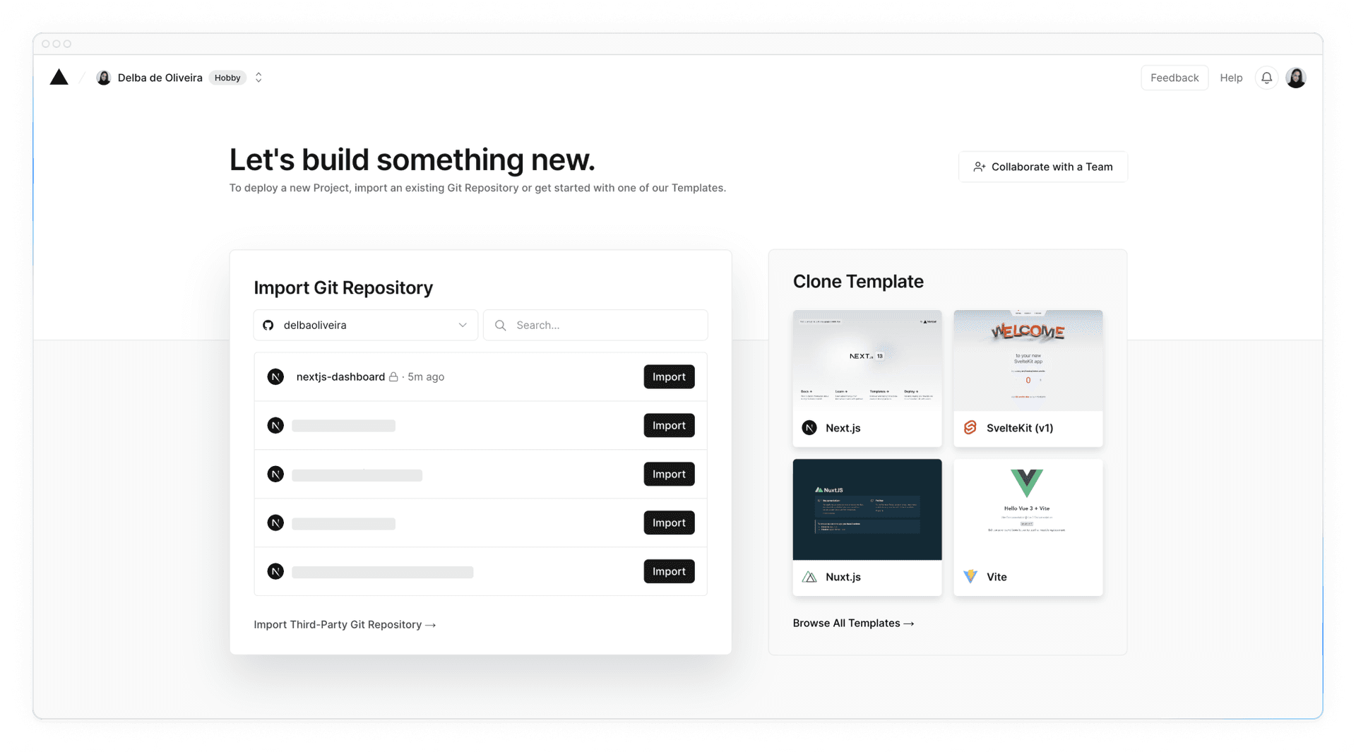 Screenshot of Vercel Dashboard, showing the import project screen with a list of the user's GitHub Repositories