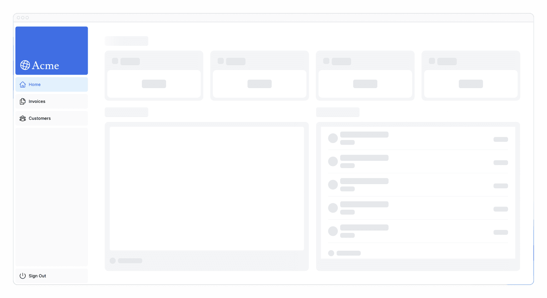 Dashboard page with loading skeletons